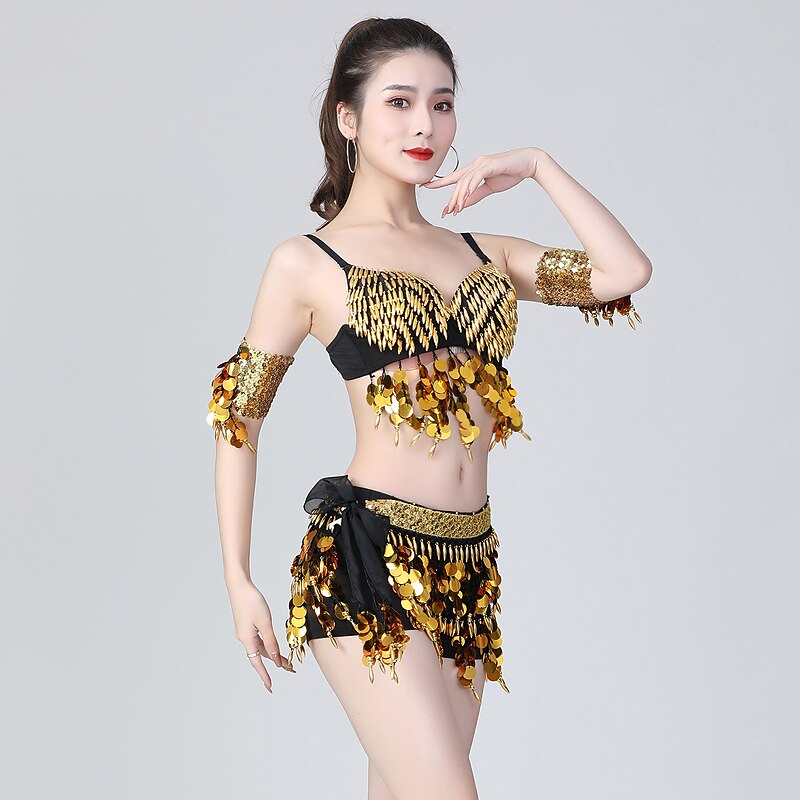 Belly Dance Top Beading Ruching Split Joint Women's Training Performance Sleeveless Natural Sequined Polyester3