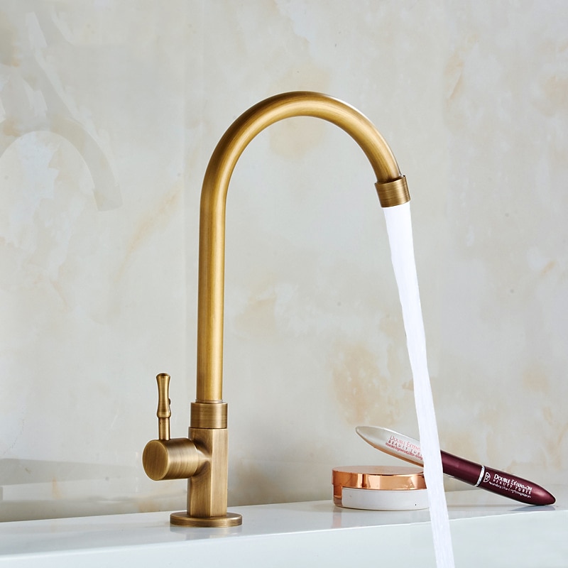 Traditional Kitchen Sink Faucet Cold Water Only, Retro Brass Single Handle Kitchen Tap Golden Electroplated Standard Spout2
