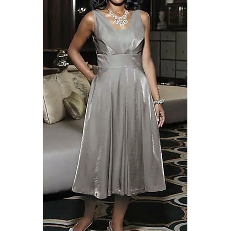 A-Line Mother of the Bride Dress Wedding Guest Elegant Vintage Plus Size Square Neck Tea Length  3/4 Length Sleeve Jacket Dresses with Ruching3