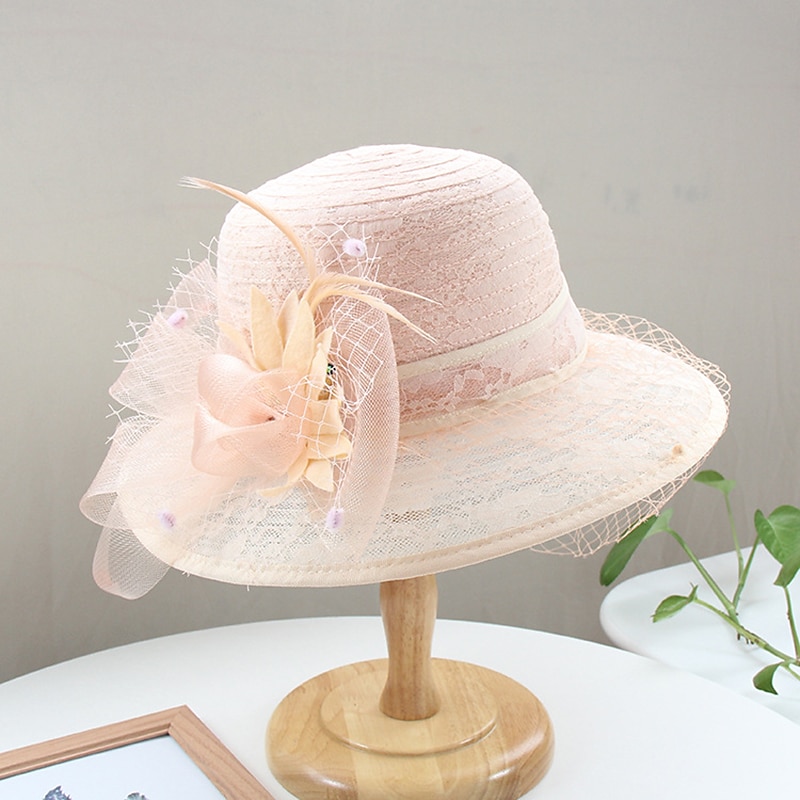 Hats Headwear Tulle Bucket Hat Straw Hat Sun Hat Casual Holiday Kentucky Derby Horse Race Ladies Day Vintage Style Elegant Lace With Feather Lace Headpiece Headwear3