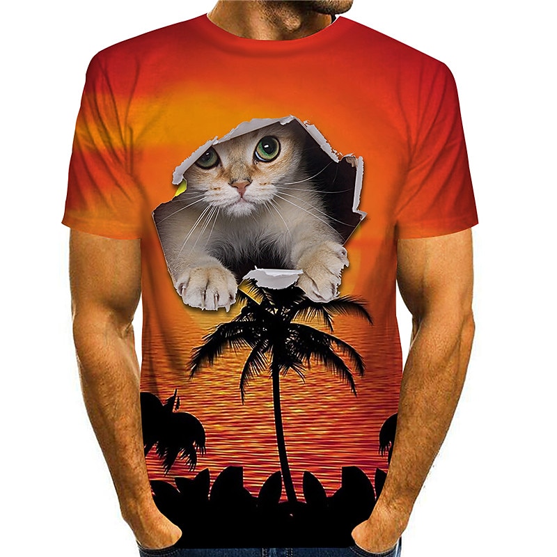 Men's Animal Cat Graphic Prints Shirt T Shirt Tee Short Sleeve T shirt 3D Print Round Neck Shirt Streetwear Slim Fit Workout Casual Daily White Yellow Blue Summer Clothing Apparel Plus Size S M L XL3