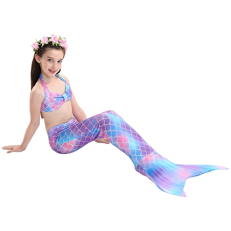 Kids Girls' 3pcs Mermaid Swimwear Bikini Bikini Swimming Color Block Print Active Cute Backless Bathing Suits 2-9 Years Summer Purple3