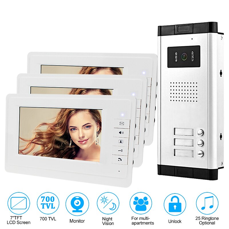 Apartment Video Door Phone Intercom Doorbell Camera 7 Inch LCD Display Monitor for One to Three Family Camera 700TVLine CMOS 3.6mm Lens Hands-free