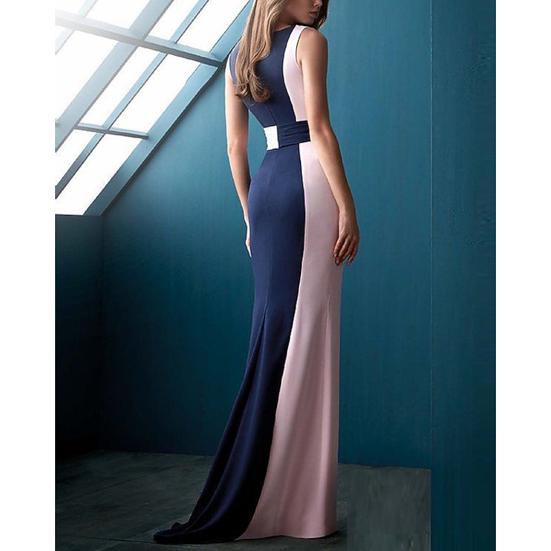 Mermaid Evening Gown Elegant Dress Formal Evening Sweep / Brush Train Sleeveless Jewel Neck Fall Wedding Guest Chiffon with Sleek2