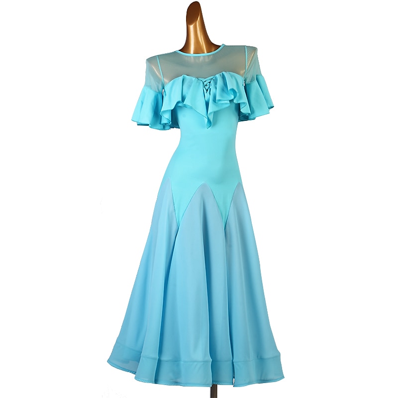 Ballroom Dance Dress Ruffles Split Joint Women's Training Short Sleeve Chiffon Chinlon Mesh2