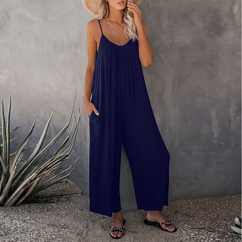 Women's Jumpsuits Casual Summer Solid Color V Neck Holiday Daily Going out Wide Leg Loose Fit Spaghetti Strap Khaki 3XL3