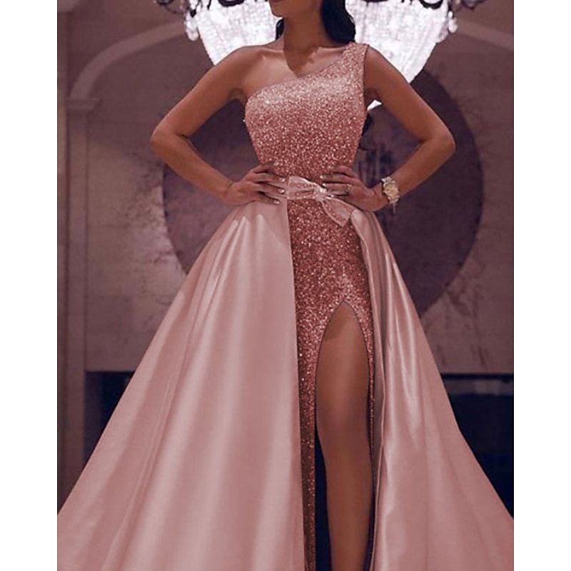 Ball Gown Prom Dresses Sparkle & Shine Dress Wedding Guest Evening Party Floor Length Sleeveless One Shoulder Detachable Satin with Bow(s) Sequin Slit2