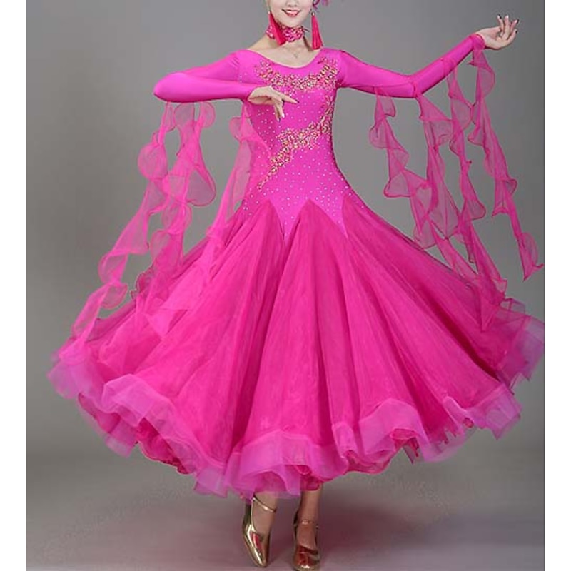 Ballroom Dance Dance Costumes Dress Crystals / Rhinestones Women's Performance Training Long Sleeve High Lyocell4