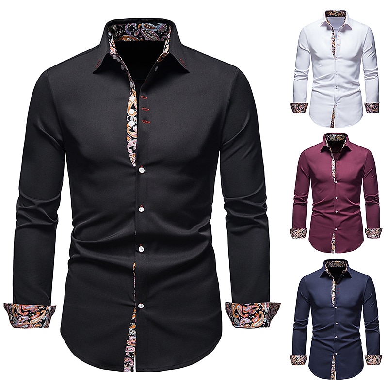Men's Dress Shirt Collared Shirt Button Up Shirt Abstract Wedding Daily Black White Wine Navy Blue Long Sleeve Clothing Apparel