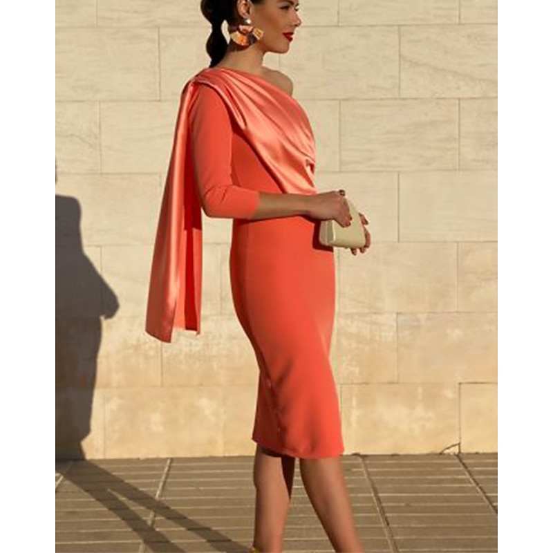Sheath Cocktail Dresses Elegant Dress Wedding Guest Cocktail Party Knee Length 3/4 Length Sleeve One Shoulder Stretch Fabric with Draping Dresses2