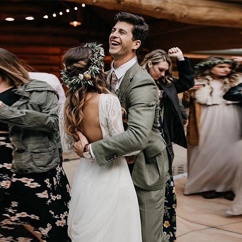 Beach Wedding Beach Open Back Boho Wedding Dresses A-Line Scoop Neck Long Sleeve Sweep / Brush Train Lace Bridal Gowns With Pleats Appliques3