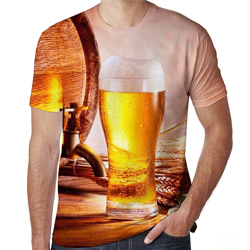 Men's Color Block 3D Beer Shirt T Shirt Short Sleeve T shirt Round Neck Shirt Basic Going out Weekend Yellow Dark Green Green Clothing Apparel Plus Size S M L XL 2XL 3XL 4XL4