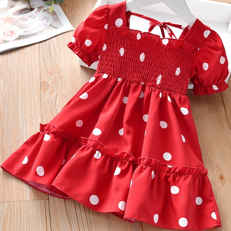 Kids Little Girls' Casual Dresses Paisley Print Red White Chiffon Midi Short Sleeve Active Dresses Summer Regular Fit 2-9 Years