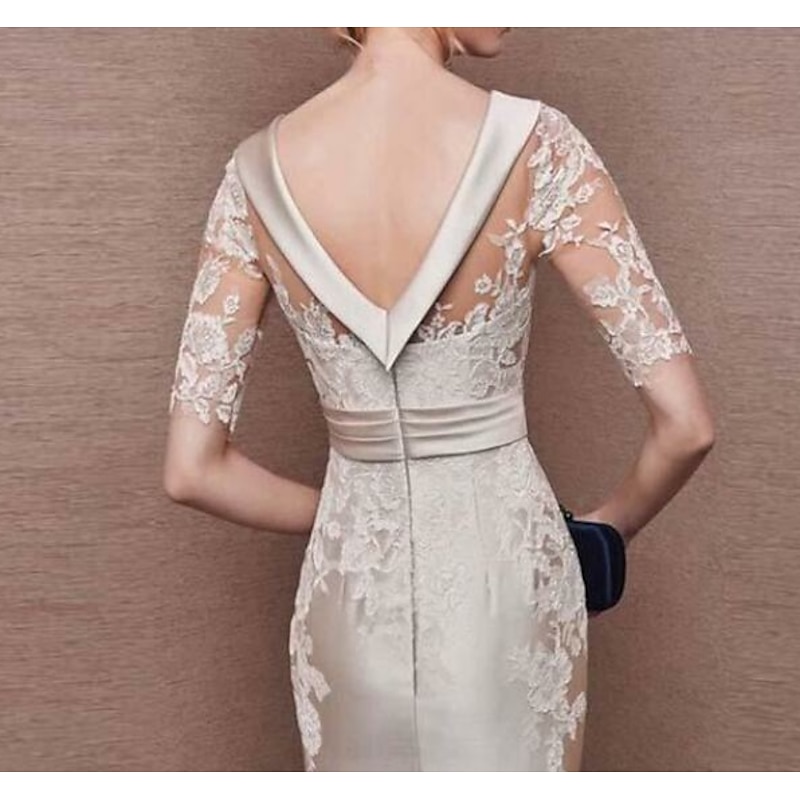 Sheath Mother of the Bride Dress Wedding Guest Elegant Vintage Jewel Neck Knee Length Satin Lace Short Sleeve with Appliques Race Day Dress2