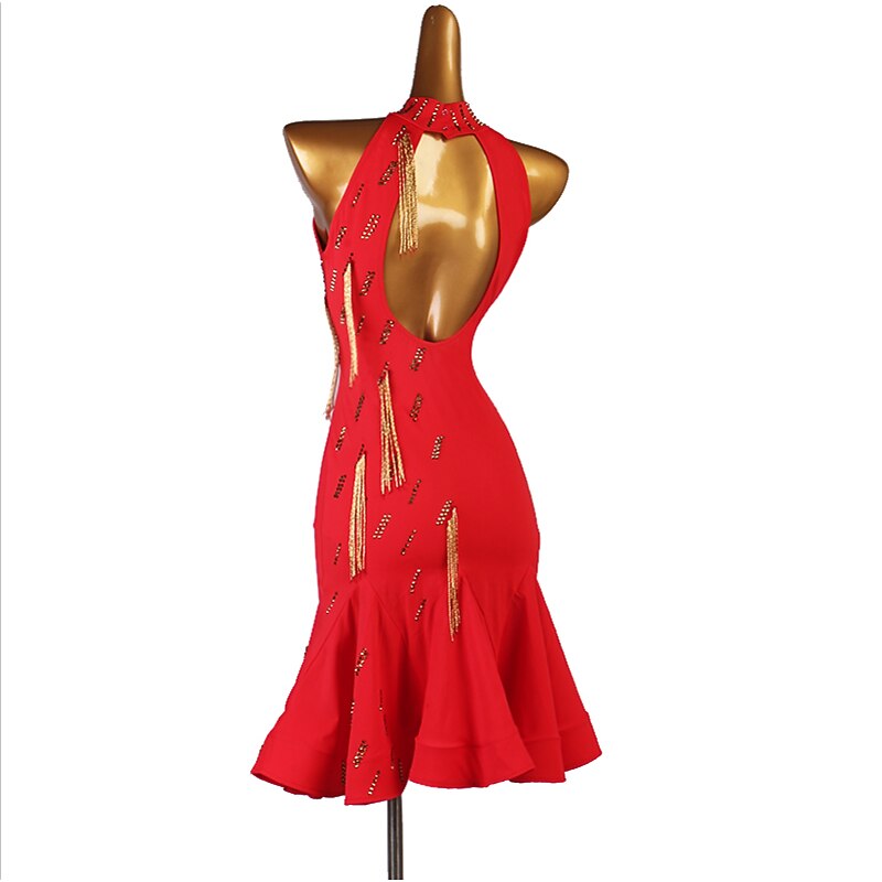 Latin Dance Dress Tassel Split Joint Crystals / Rhinestones Women's Performance Sleeveless Natural Chinlon Mesh Ice Silk4