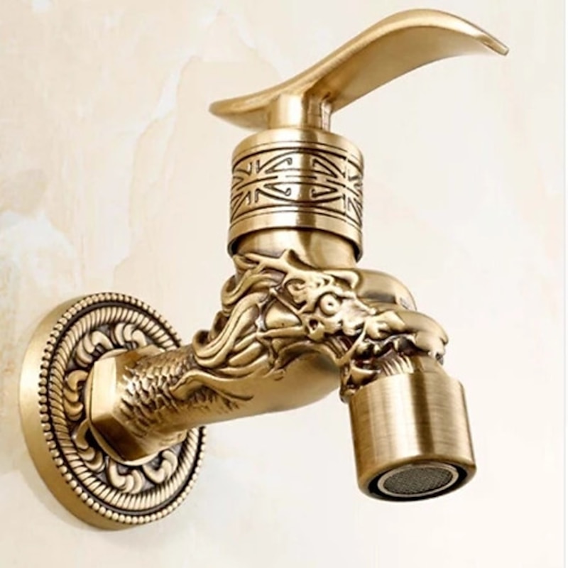 Outdoor Faucet,Wall Mount Antique Brass Faucet,Garden Outdoor Decorative Hose 1/2 inch Connection Spigot Carving Desigh with Cold Water Only3