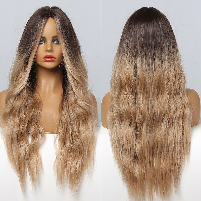 Brown Wigs for Women Ombre Blonde Brown Long Wig with Bangs Middle Part Hair Wig Cosplay Natural Heat Resistant Synthetic Wigs for Women 24inch barbiecore Wigs2