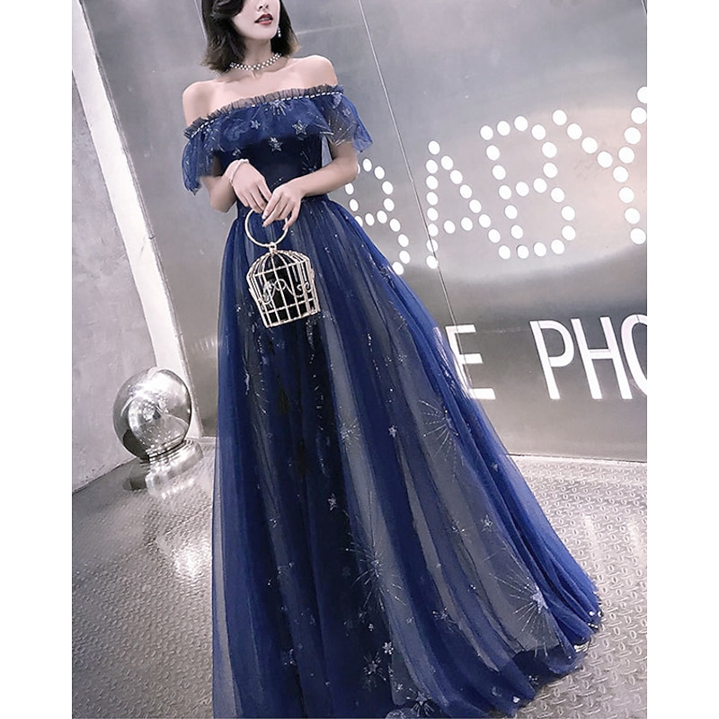 A-Line Prom Dresses Elegant Dress Wedding Guest Party Wear Floor Length Short Sleeve Off Shoulder Tulle with Embroidery Tiered  dress to impress4