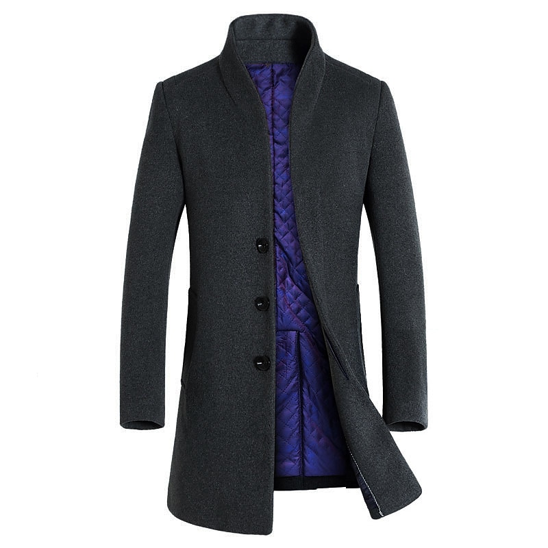 Men's Winter Coat Wool Coat Overcoat Business Casual Fall Wool Outerwear Clothing Apparel Basic Solid Colored Stand Collar Single Breasted One-button4