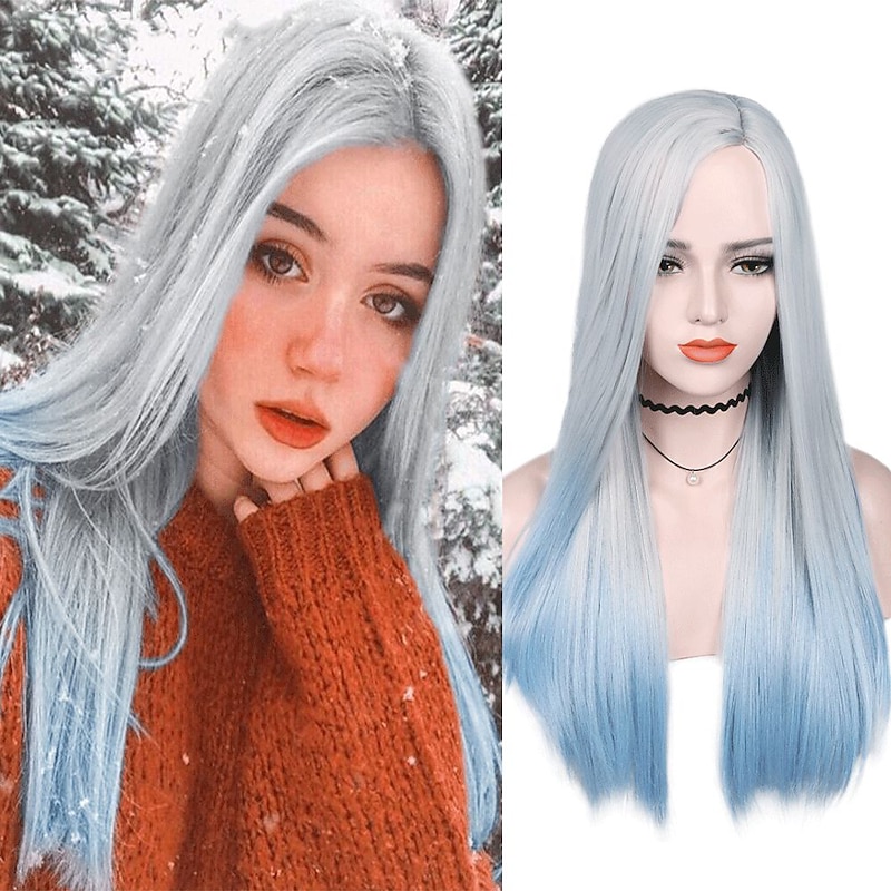 Blue Wigs for Women Synthetic Wig Natural Straight Middle Part Wig Medium Length A15 A16 A17 A18 A19 Synthetic Hair Cosplay Party Fashion Blue White Halloween Wigs