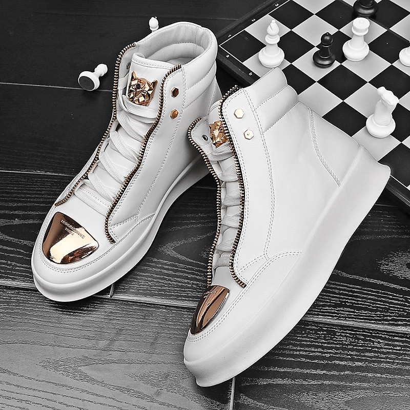 Men's White High-Top Sneakers with Gold Metallic Accents and Zipper Detailing - Luxury Streetwear Fashion Shoes3