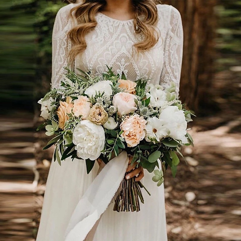 Beach Wedding Beach Open Back Boho Wedding Dresses A-Line Scoop Neck Long Sleeve Sweep / Brush Train Lace Bridal Gowns With Pleats Appliques2