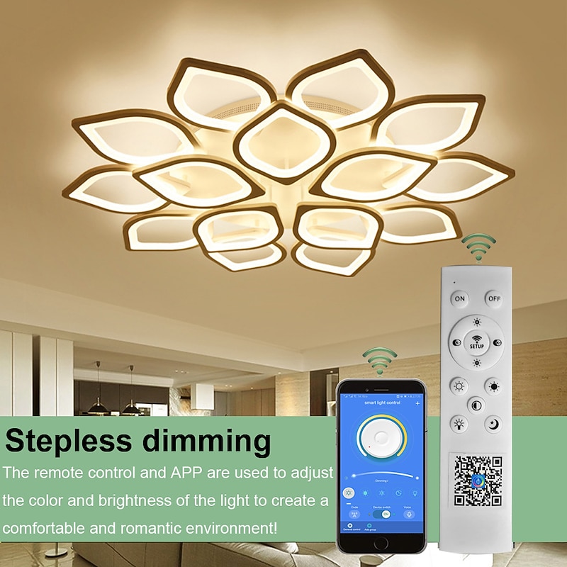 6/8/12/15 Heads LED Ceiling Light Lotus Design  Ceiling Lamp Modern Artistic Metal Acrylic Style Stepless Dimming Bedroom Painted Finish Lights 110-240V ONLY DIMMABLE WITH REMOTE CONTROL Flower Design4