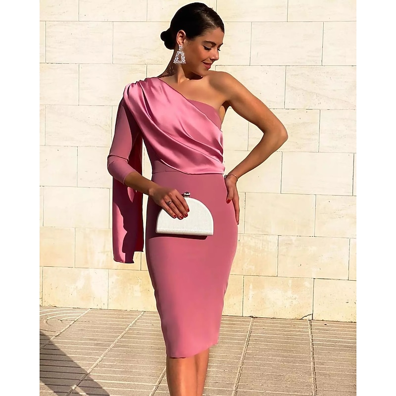 Sheath Cocktail Dresses Elegant Dress Wedding Guest Cocktail Party Knee Length 3/4 Length Sleeve One Shoulder Stretch Fabric with Draping Dresses3