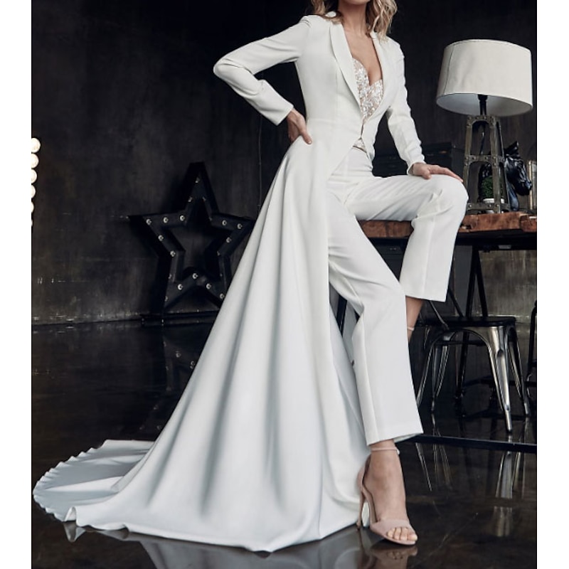 Hall Casual Wedding Dresses Two Piece Sweetheart Long Sleeve Court Train Satin Bridal Suits Bridal Gowns With Lace Appliques3