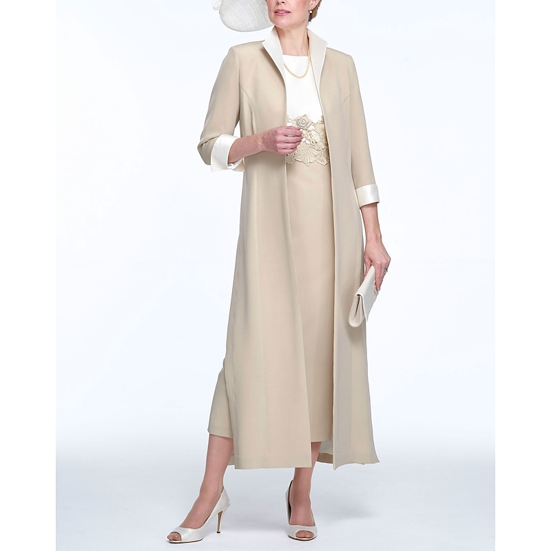 Two Piece Sheath Mother of the Bride Dress Wedding Guest Church Elegant Jewel Neck Ankle Length Stretch Fabric Sleeveless with Appliques Race Day Dress4