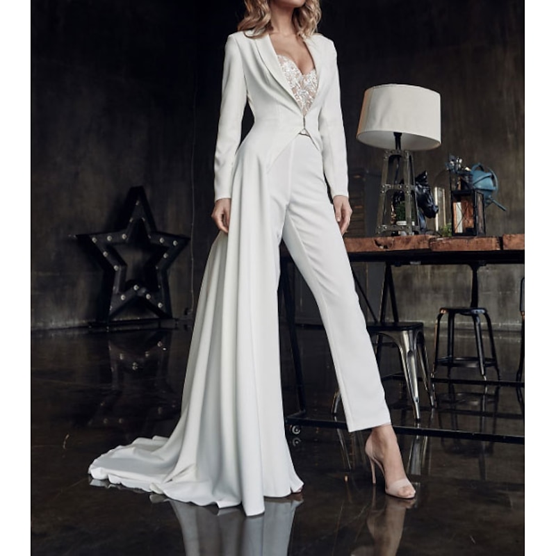 Hall Casual Wedding Dresses Two Piece Sweetheart Long Sleeve Court Train Satin Bridal Suits Bridal Gowns With Lace Appliques