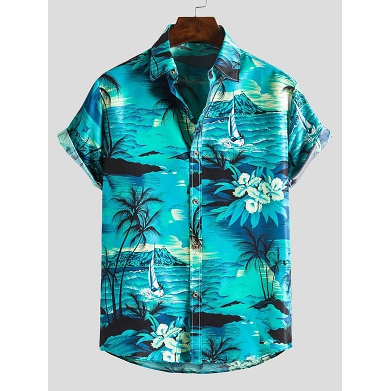 Men's Palm Tree Sea Sailboat Shirt Summer Hawaiian Shirt Aloha Shirt Short Sleeve Shirt Collar Button Down Collar Designer Boho Beach Daily Going out Pink Royal Blue Blue Other Prints S M L