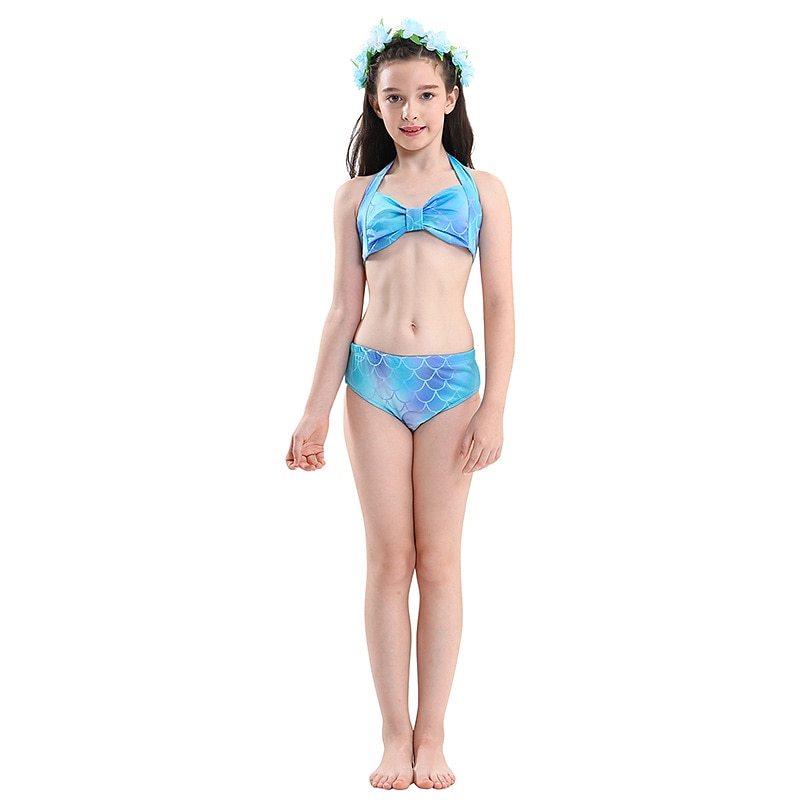 Kids Girls' 3pcs Mermaid Swimwear Swimwear Bikini Vacation Bikini Striped Solid Colored Active Cute Backless Bathing Suits 2-9 Years Summer Light Blue3