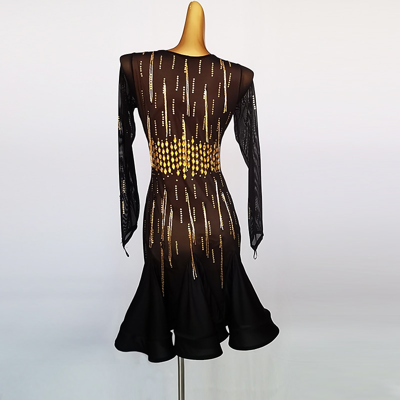 Dance Salsa Latin Dance Dress Beading Crystals / Rhinestones Sequins Women's Performance Long Sleeve Chinlon Mesh2