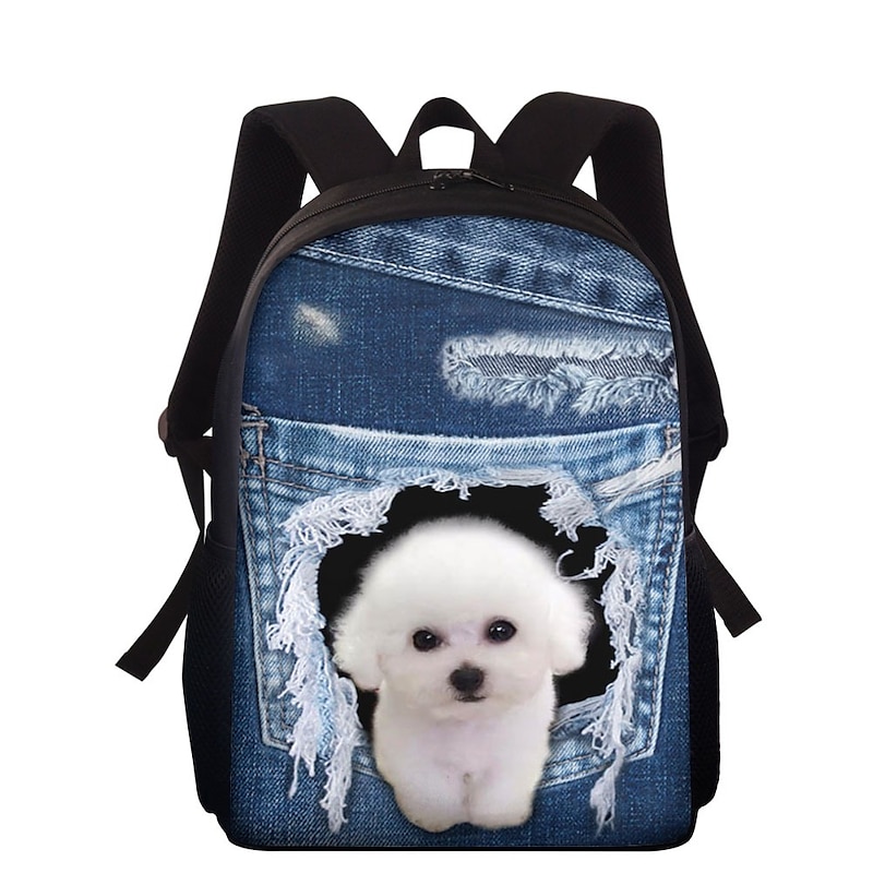 Cute Puppy Print Backpack with Denim Design – Large Capacity School Bag for Girls, Teens, and Dog Lovers, Lightweight Bookbag for Daily Use or Travel