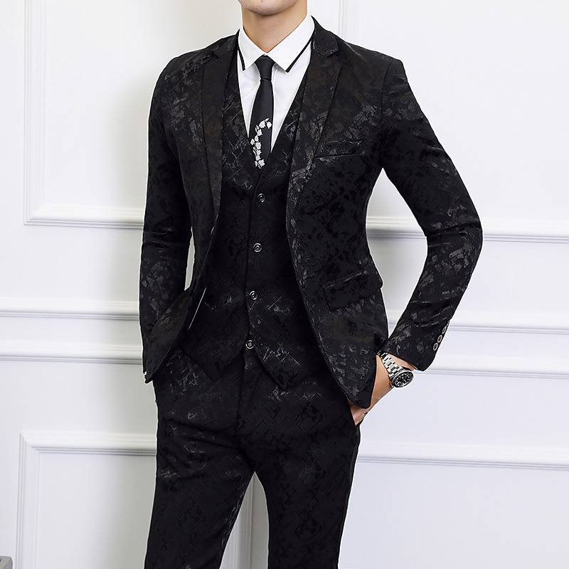 Men's Wedding Party Suits Notch Black Dark Navy Patterned Standard Fit 3 Piece Single Breasted Two-buttons