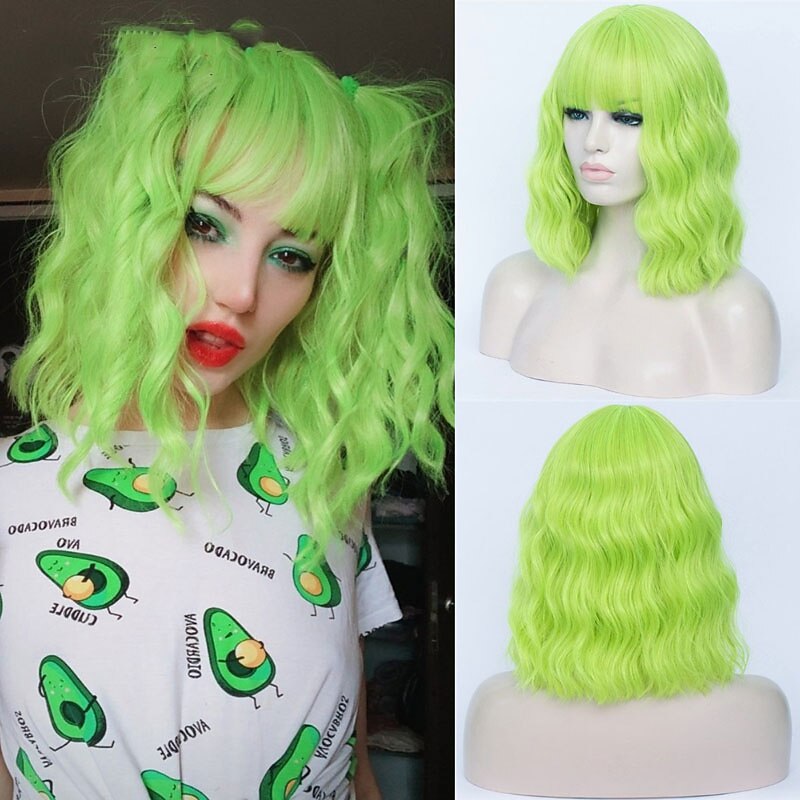 Green Wigs for Women Cosplay Wigs for Women Bobo Green Red Blue Purple Orange Black Pink Wig Short Curly Synthetic Wig with Bangs Christmas Party Wigs St.Patrick's Day Wigs