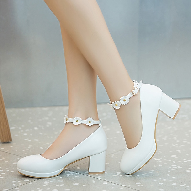 Girls' White Block Heel Dress Shoes with Daisy Flower Ankle Strap - Cute Formal Mary Jane Pumps for Special Occasions
