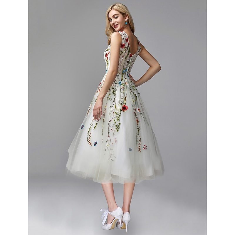 A-Line Prom Dresses Elegant Dress Wedding Guest Engagement Tea Length Sleeveless Jewel Neck Chiffon with Lace Insert Appliques2