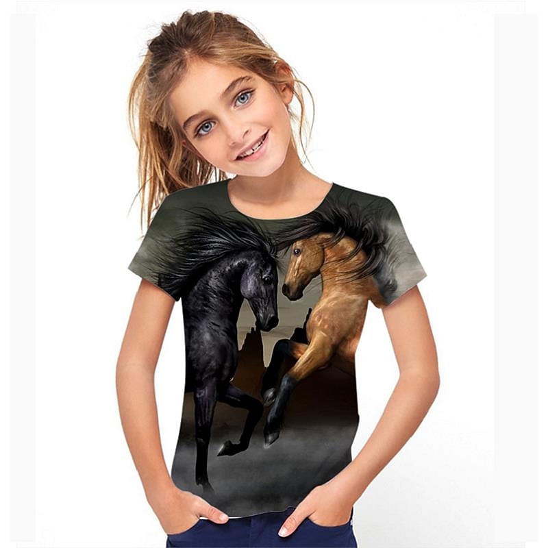 Kids Girls' T shirt girls western tee Short Sleeve Rainbow 3D Print Horse School Daily Outdoor Active Basic 3-12 Years / Summer2