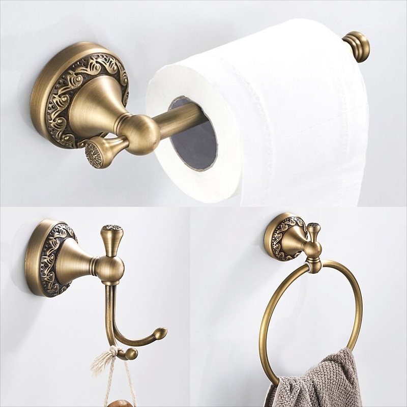 Golden Brushed Brass Towel Holder Bathroom Accessory Towel Ring/Toilet Paper Holder/Robe Hook Antique Brass Bathroom Single Rod Wall Mounted Carved Design