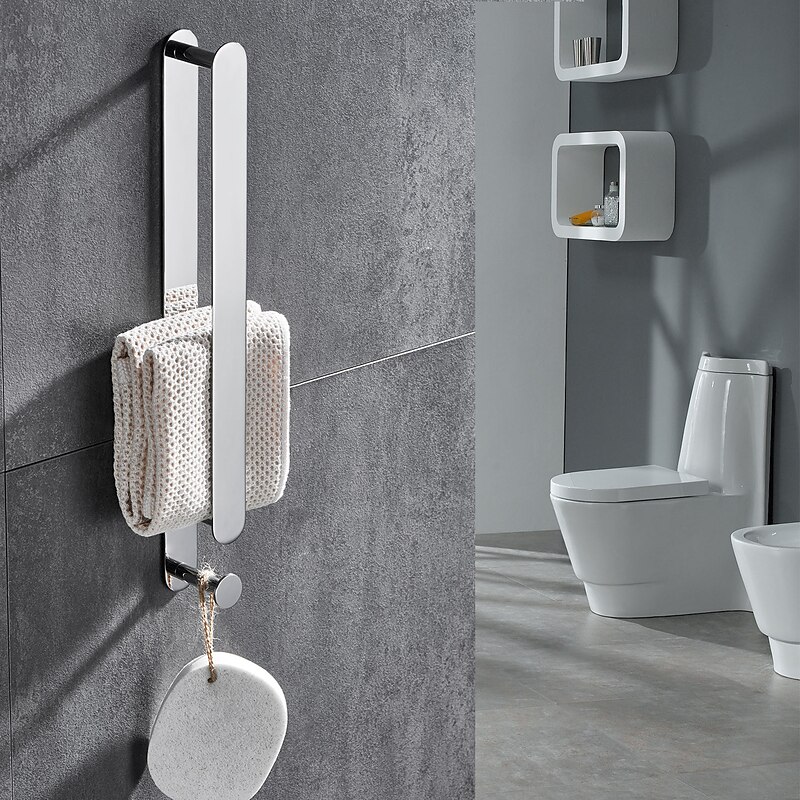 Multifunctional Towel Bar with Hook Stainless Steel Electroplated and Polished Finished Bathroom Shelf Self-adhesive Silvery 1pc2