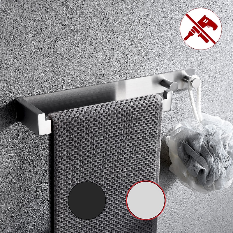 Multifunctional Towel Bar with Coat Hooks Punch-free Self-adhesive Bathroom Shelf Stainless Steel Brushed Silver and Black 1pc