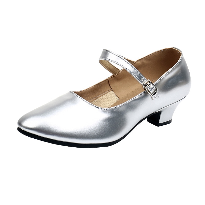 Women's Silver Metallic Ballroom Dance Shoes, Mary Jane Strap Low Kitten Heel Pumps for Graceful Dancing2