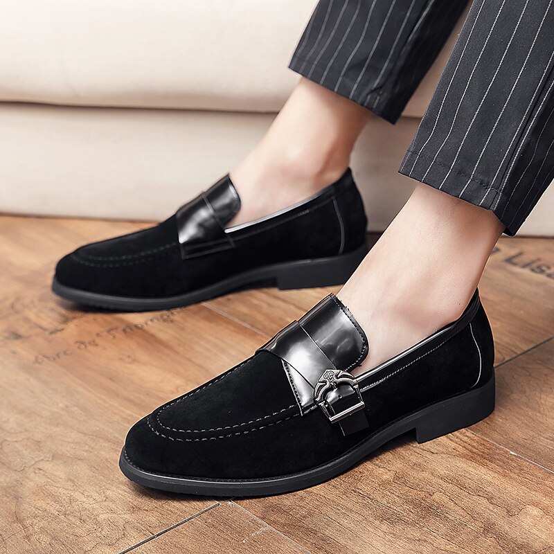 Men's Suede Loafers with Patent Leather Strap and Metal Buckle, Slip-On Dress Shoes for Business, Weddings and Formal Events 12