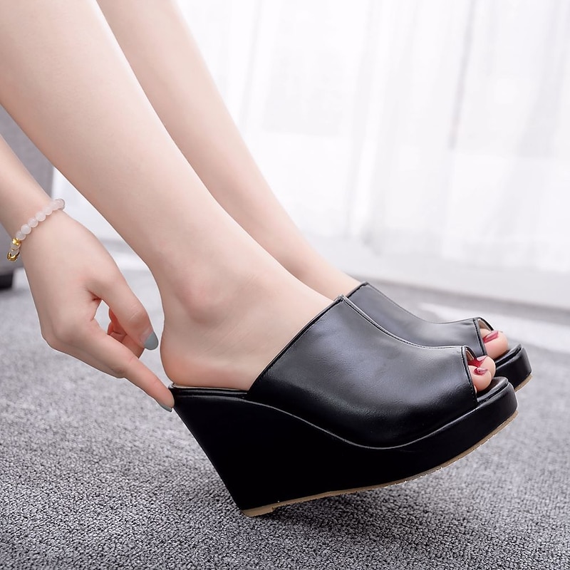 Women's Black Open - Toe Platform Wedge Mules, Slip - On Peep - Toe Design for Stylish Summer Casual Wear