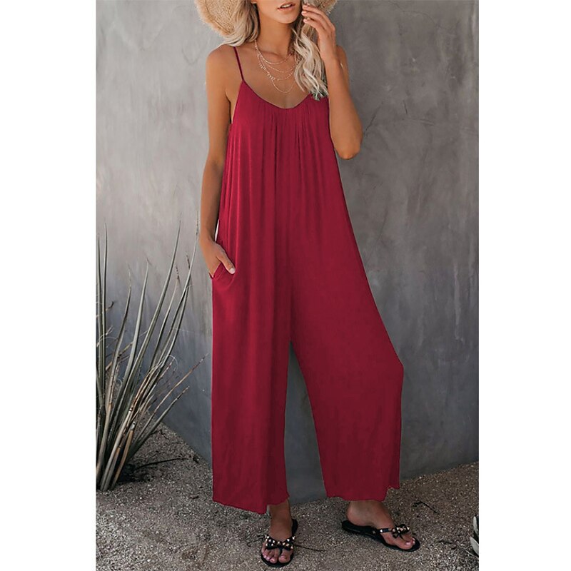 Women's Jumpsuits Casual Summer Solid Color V Neck Holiday Daily Going out Wide Leg Loose Fit Spaghetti Strap Khaki 3XL4