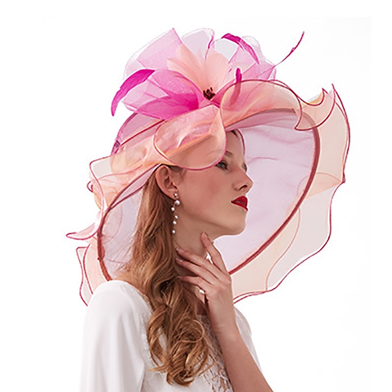 Fascinators Hats Headwear Organza  / Polyamide Bucket Hat Straw Hat Sun Hat Casual Holiday Melbourne Cup Cocktail Royal Astcot With Feather Appliques Headpiece Hats Race Day Dress3