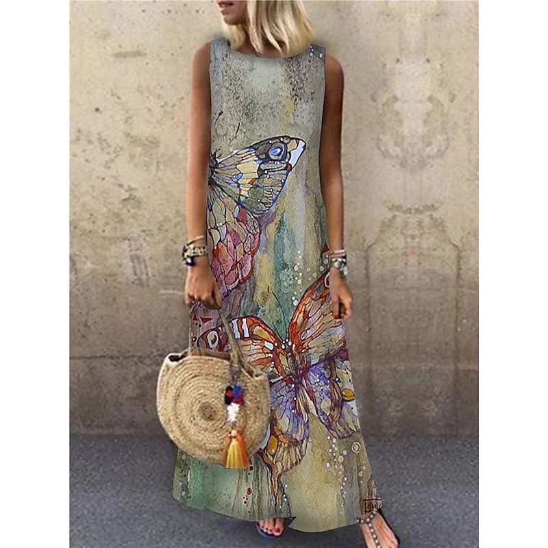 Women's Maxi Dress Sundress A Line Dress Summer Dress Casual Vacation Party Casual Loose Fit Animal Print Sleeveless Crew Neck Light Yellow Light Blue Yellow Red Summer Spring