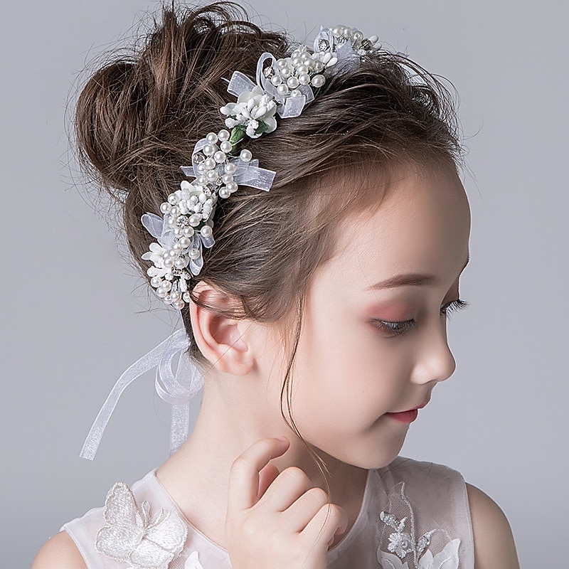 Cute Princess Wedding Headpiece Flower Wedding Hair Accessories Pearl Rhinestone Headband Bridal Wedding Tiaras for Flower Girl and Women